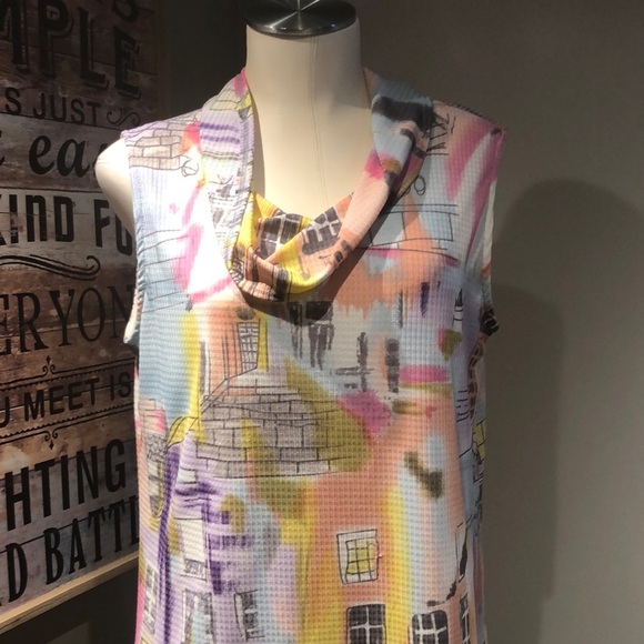 Colorful Abstract Print cowl neck Sleeveless Blouse contrast hem - Picture 9 of 13